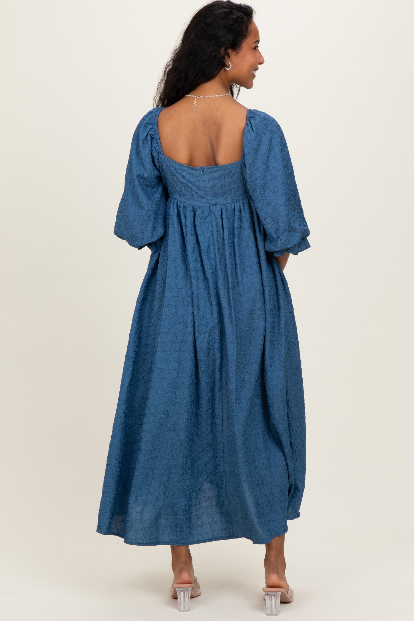 Blue Textured 3/4 Puff Sleeve Maternity Maxi Dress