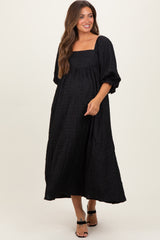 Black Textured 3/4 Puff Sleeve Maternity Maxi Dress