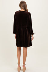 Brown Velvet Button Up V-Neck Maternity Dress