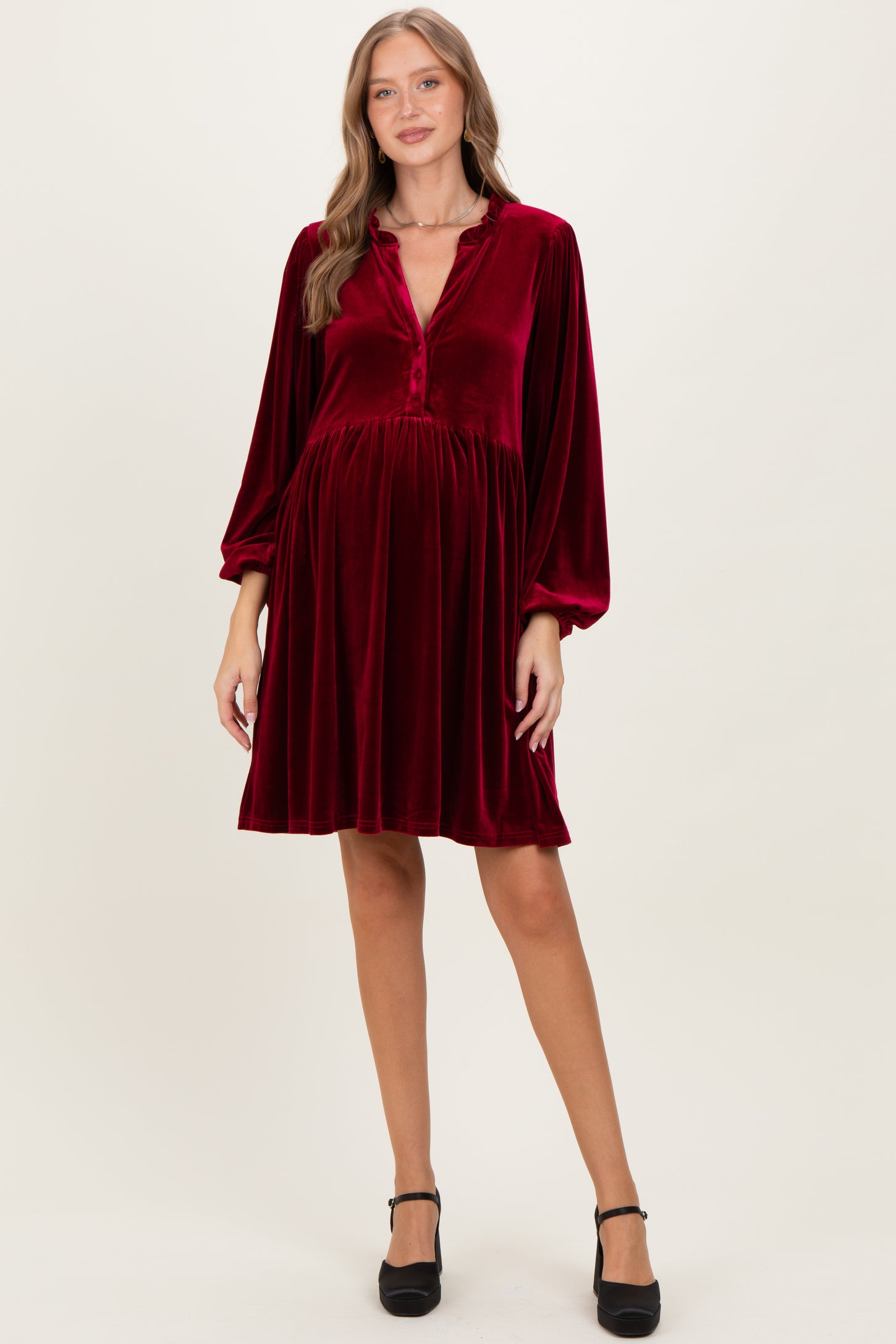 Burgundy Velvet Button Up V-Neck Maternity Dress