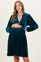 Deep Teal Velvet Button Up V-Neck Maternity Dress