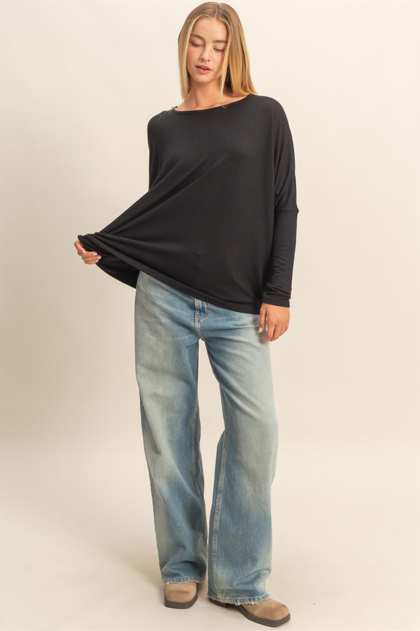 Black Relaxed Fit Dolman Long Sleeve Top