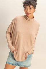 Taupe Draped Oversized Turtleneck Dolman Sleeve Top