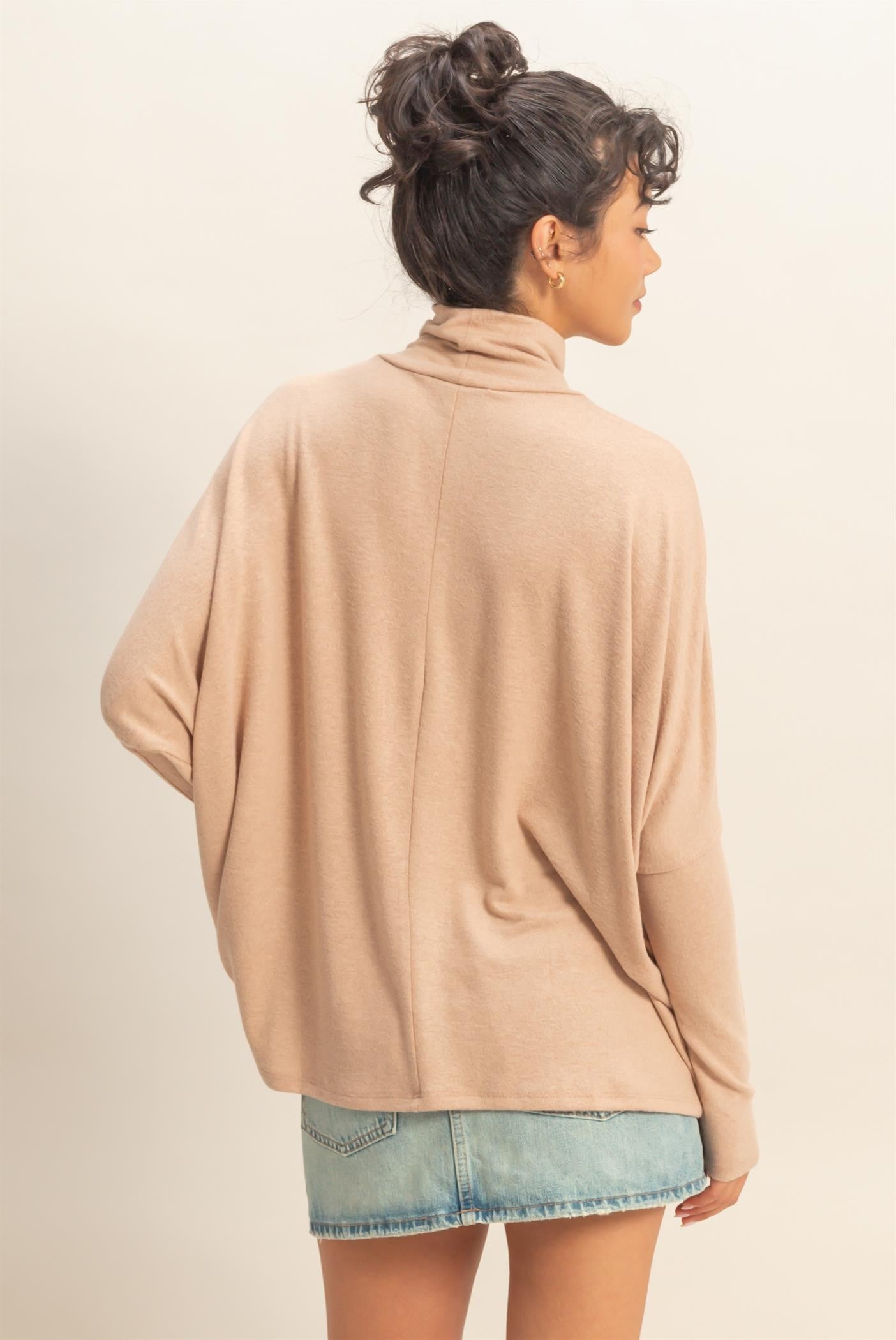 Taupe Draped Oversized Turtleneck Dolman Sleeve Top