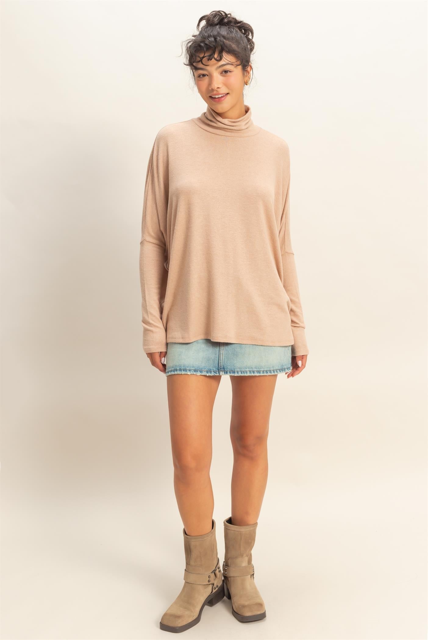 Taupe Draped Oversized Turtleneck Dolman Sleeve Top