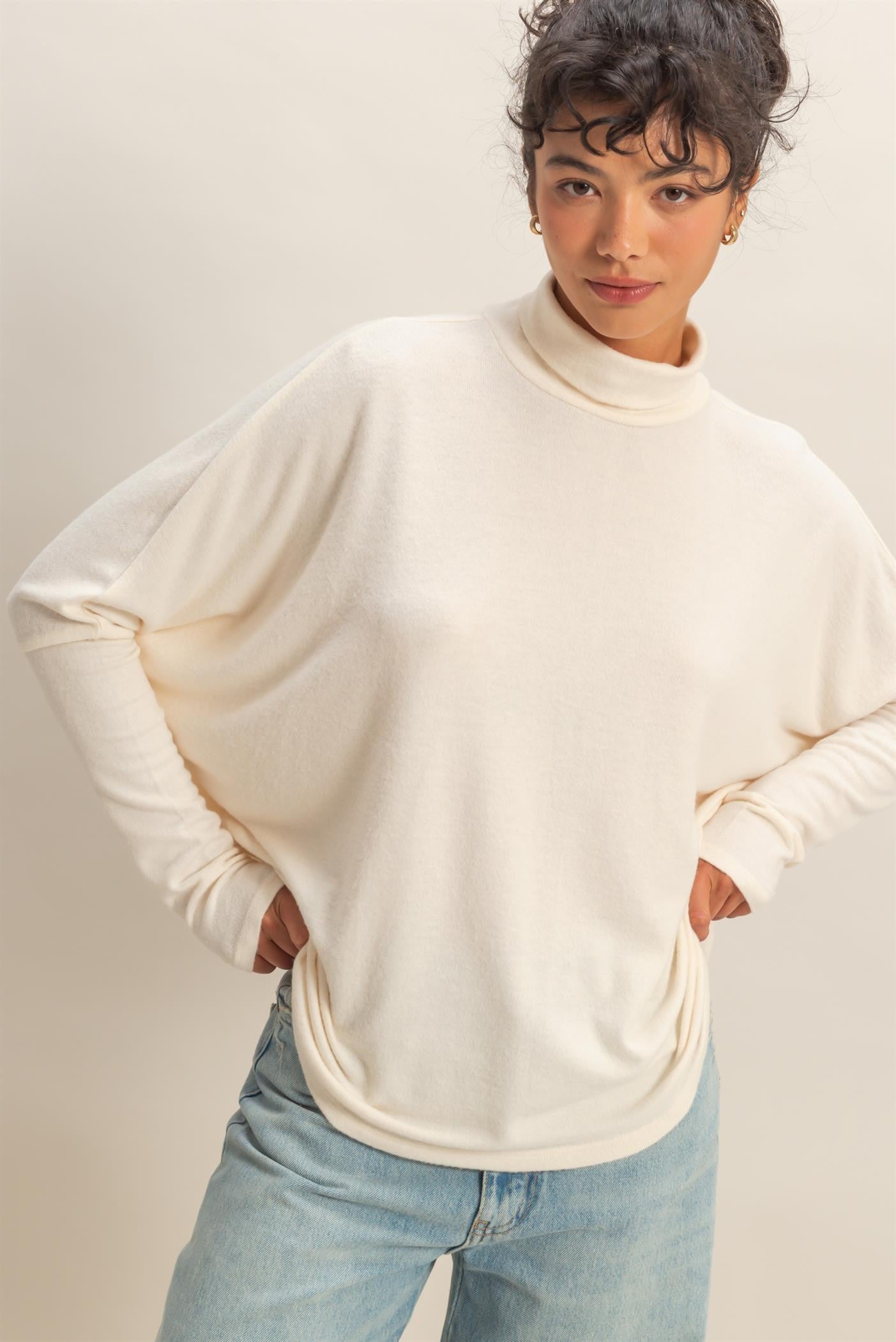 Cream Draped Oversized Turtleneck Dolman Sleeve Top
