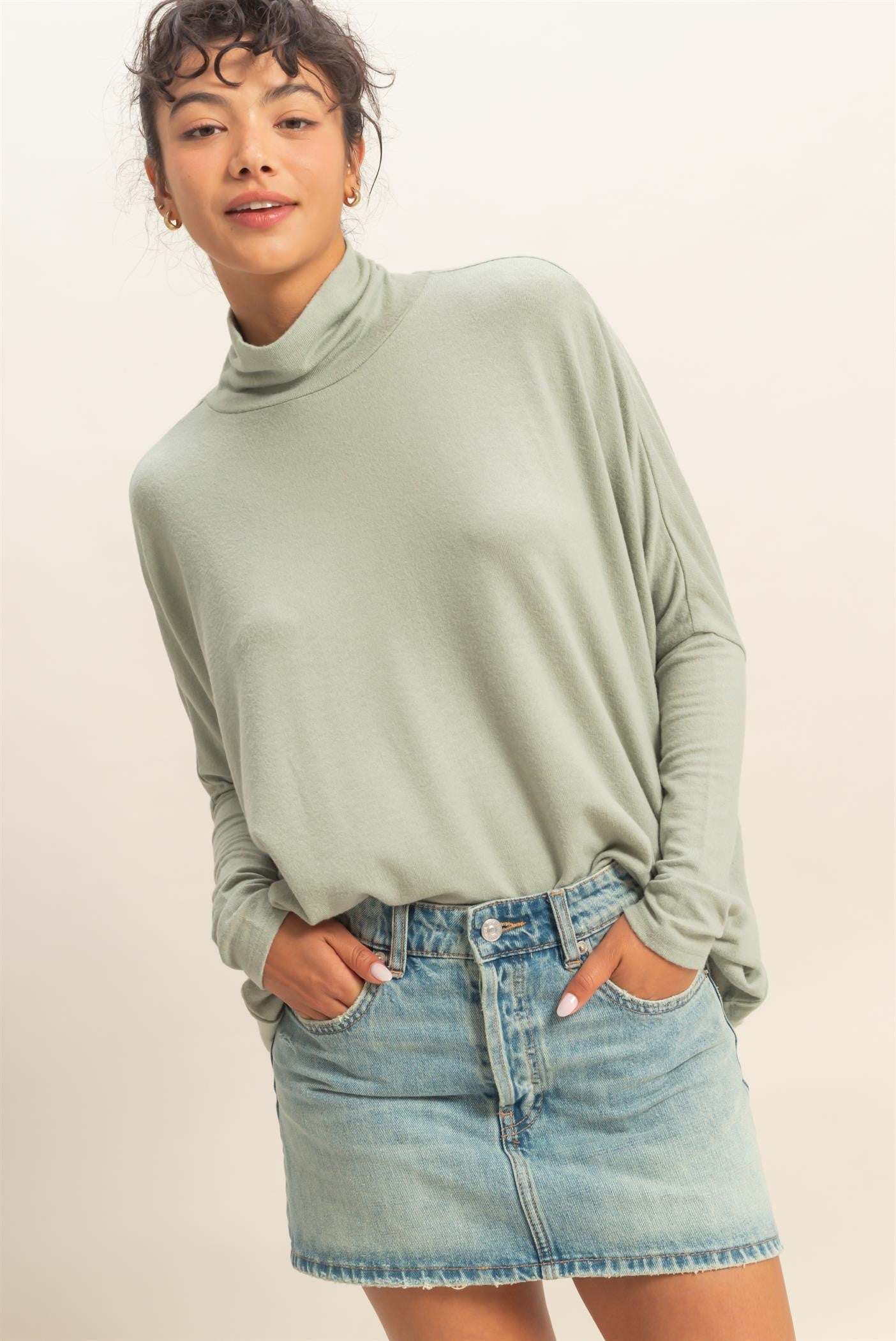 Sage Draped Oversized Turtleneck Dolman Sleeve Top