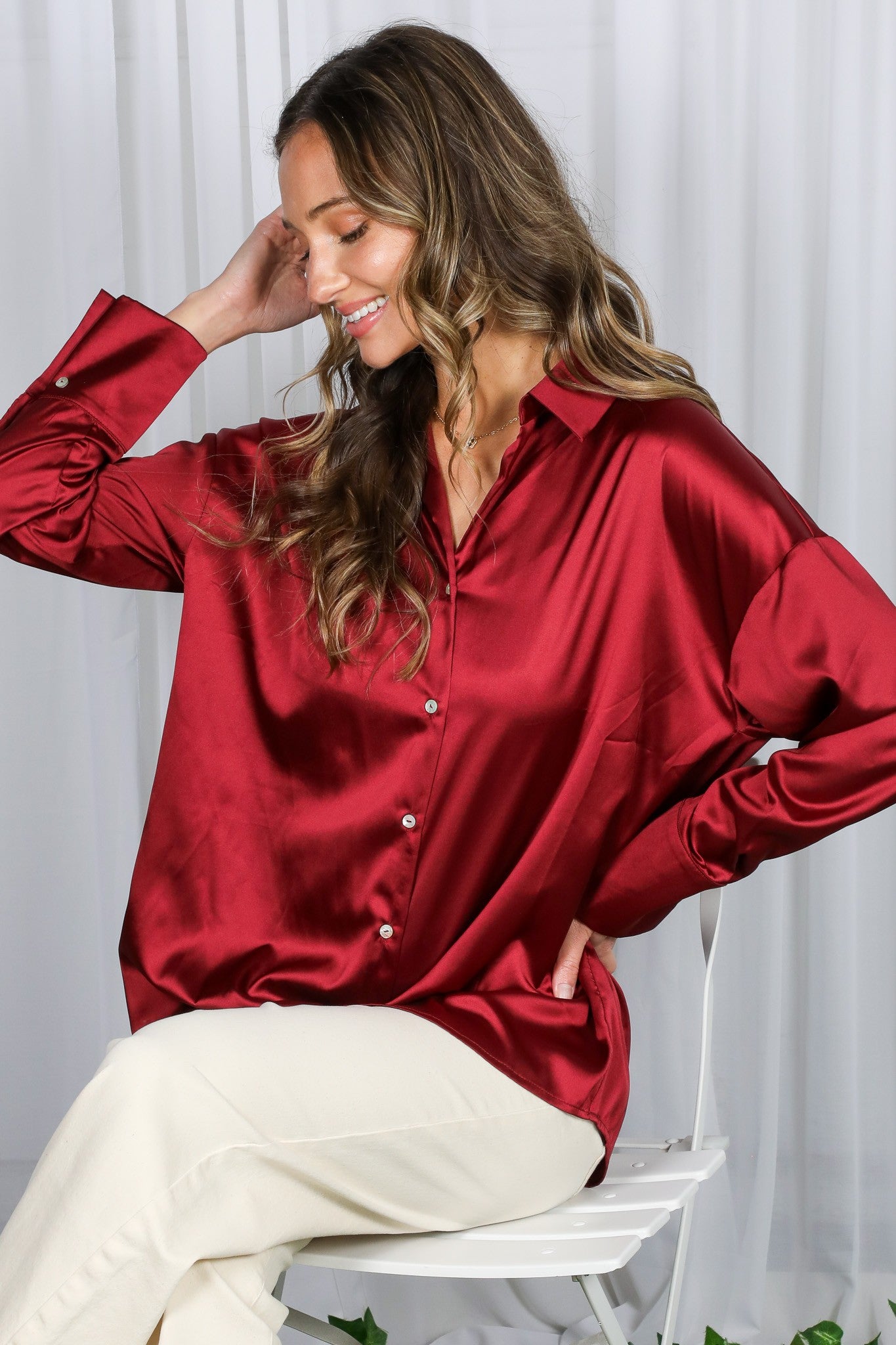 Burgundy Satin Button Up Blouse