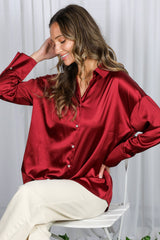 Burgundy Satin Button Up Blouse