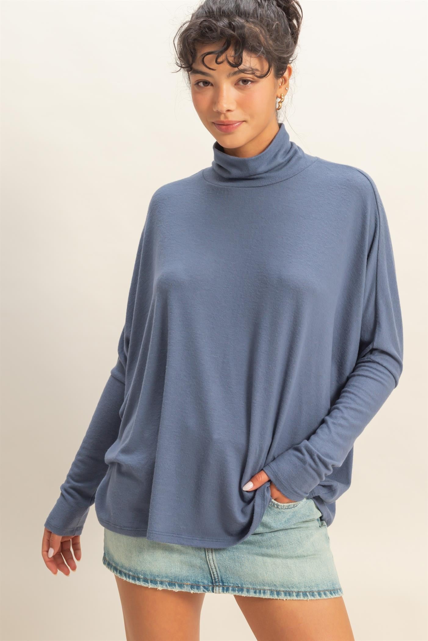 Navy Draped Oversized Turtleneck Dolman Sleeve Top