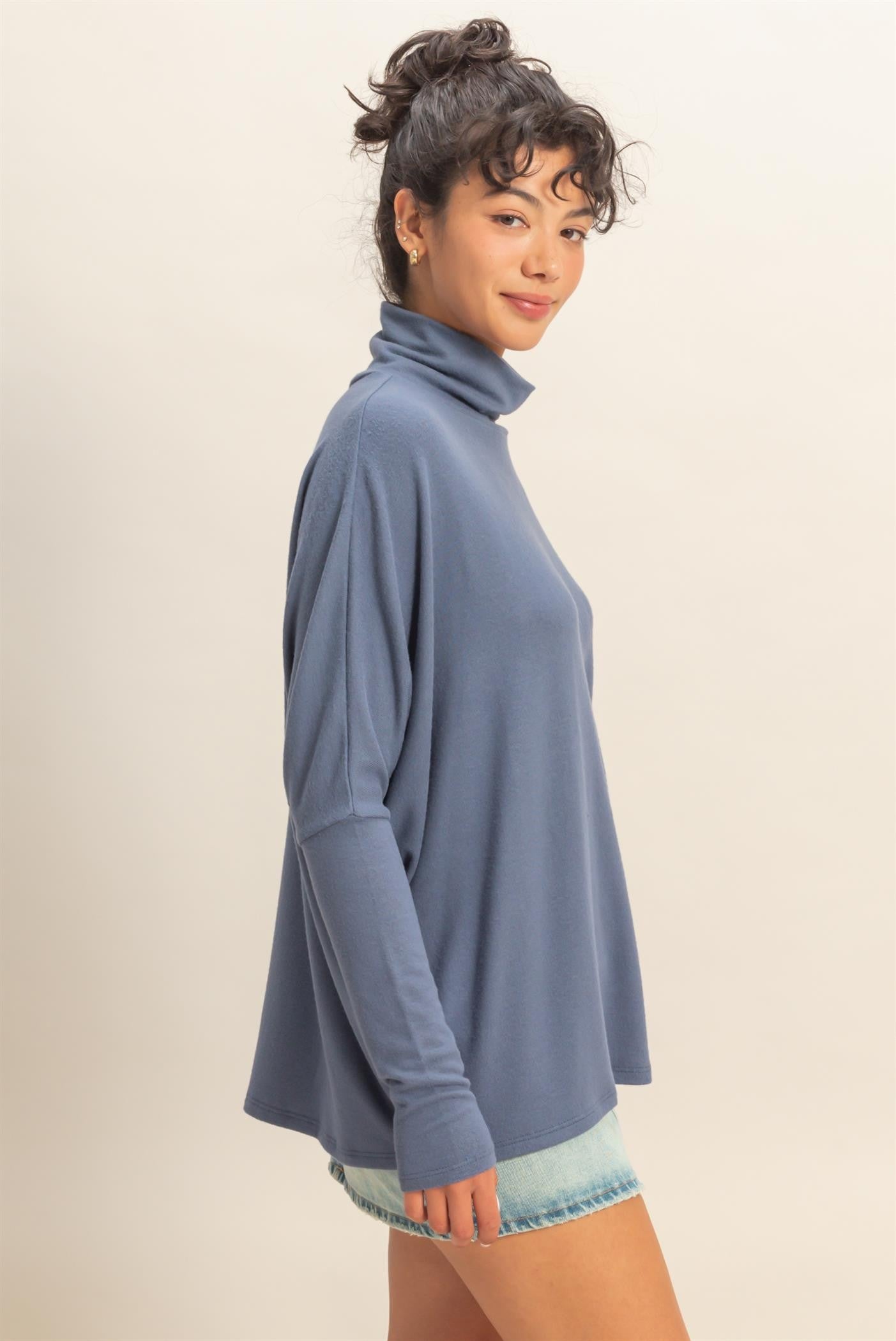 Navy Draped Oversized Turtleneck Dolman Sleeve Top