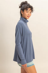 Navy Draped Oversized Turtleneck Dolman Sleeve Top
