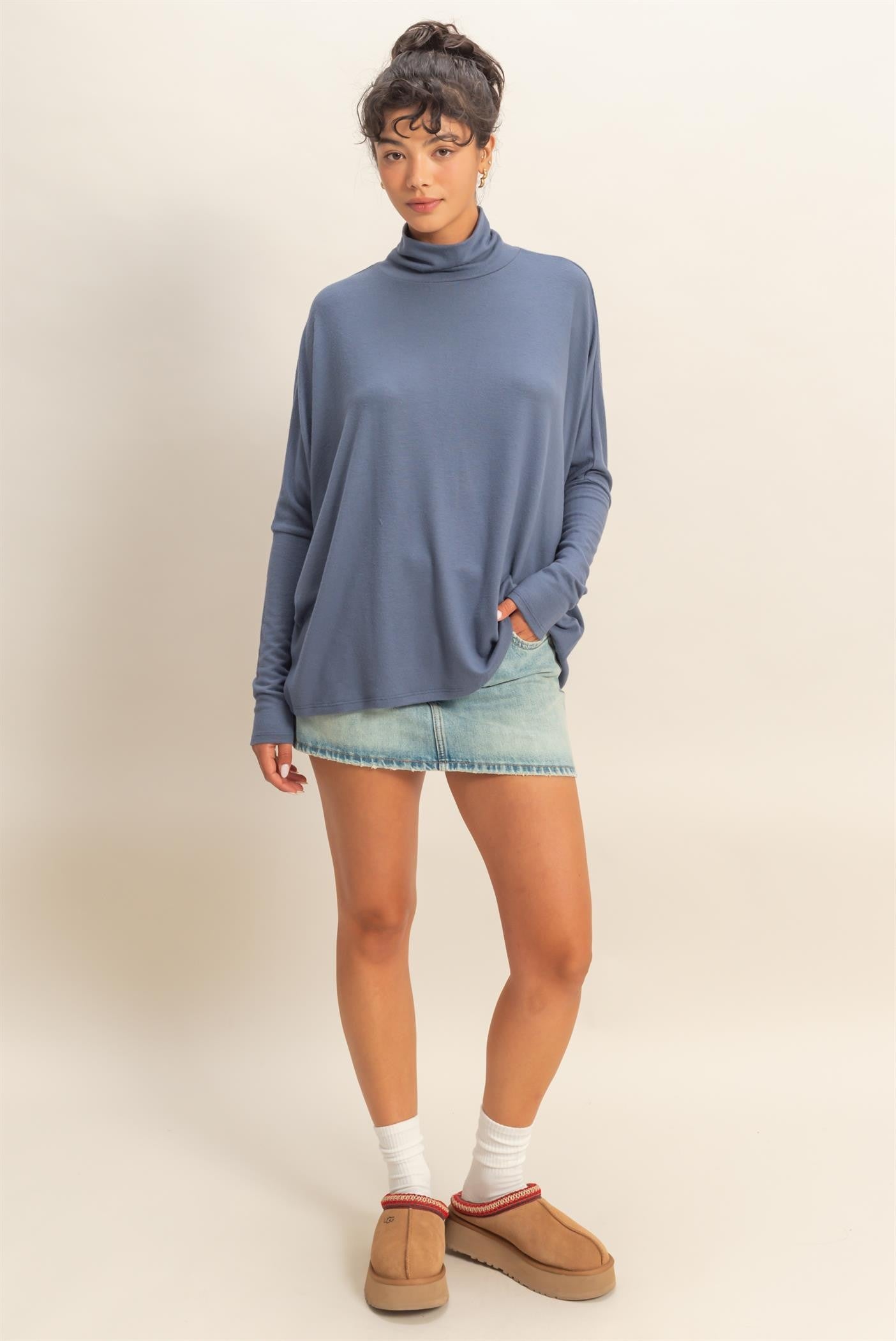 Navy Draped Oversized Turtleneck Dolman Sleeve Top