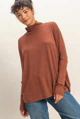 Rust Draped Oversized Turtleneck Dolman Sleeve Top