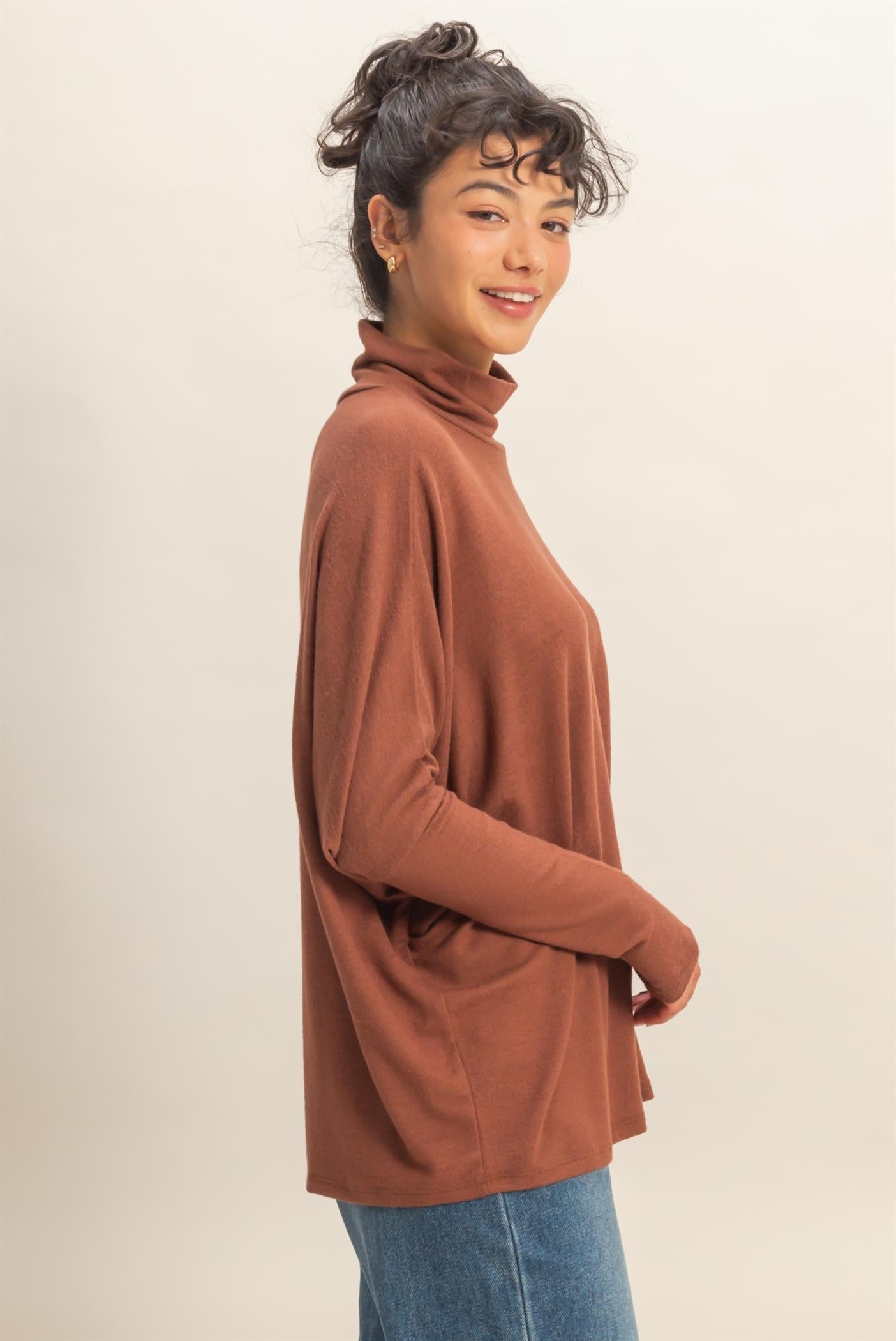 Rust Draped Oversized Turtleneck Dolman Sleeve Top