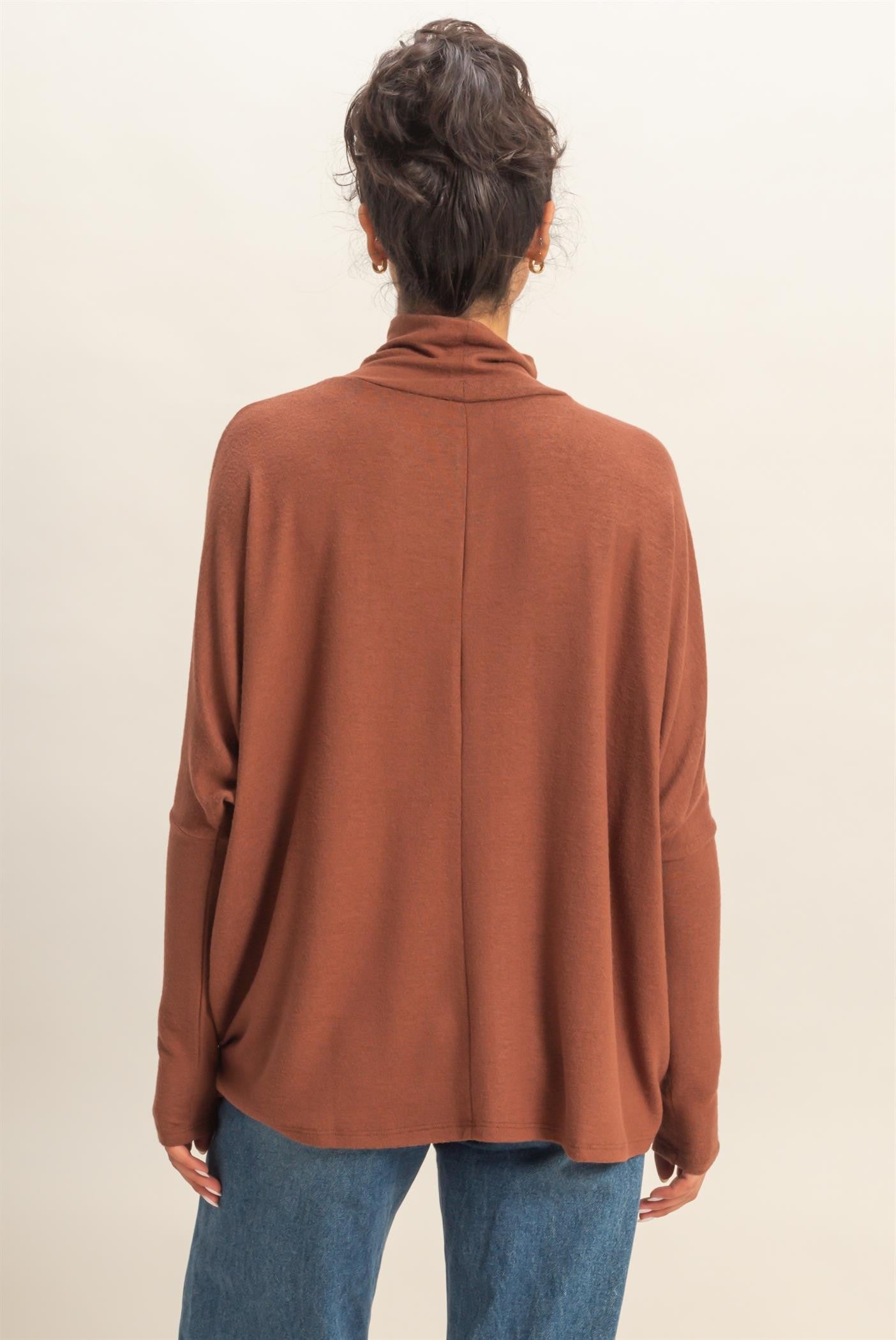 Rust Draped Oversized Turtleneck Dolman Sleeve Top