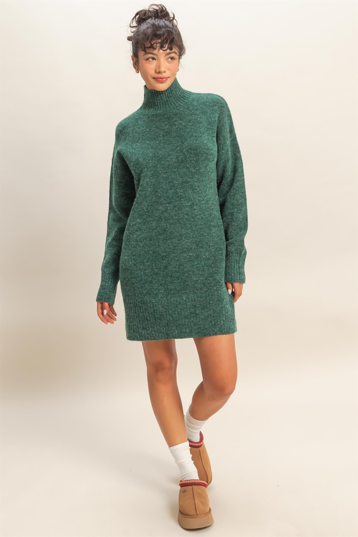 Green High Neck Sweater Mini Dress