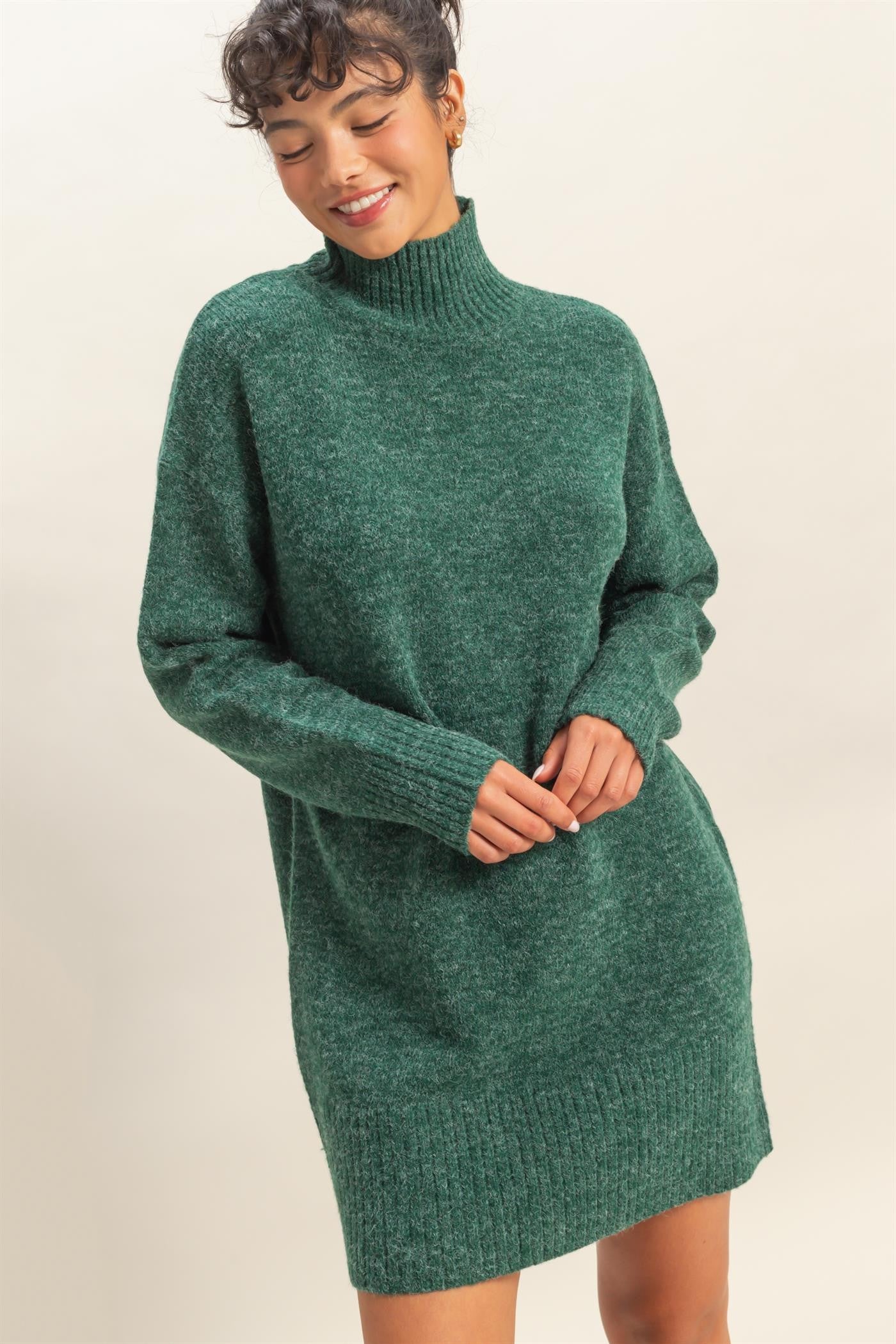 Green High Neck Sweater Mini Dress