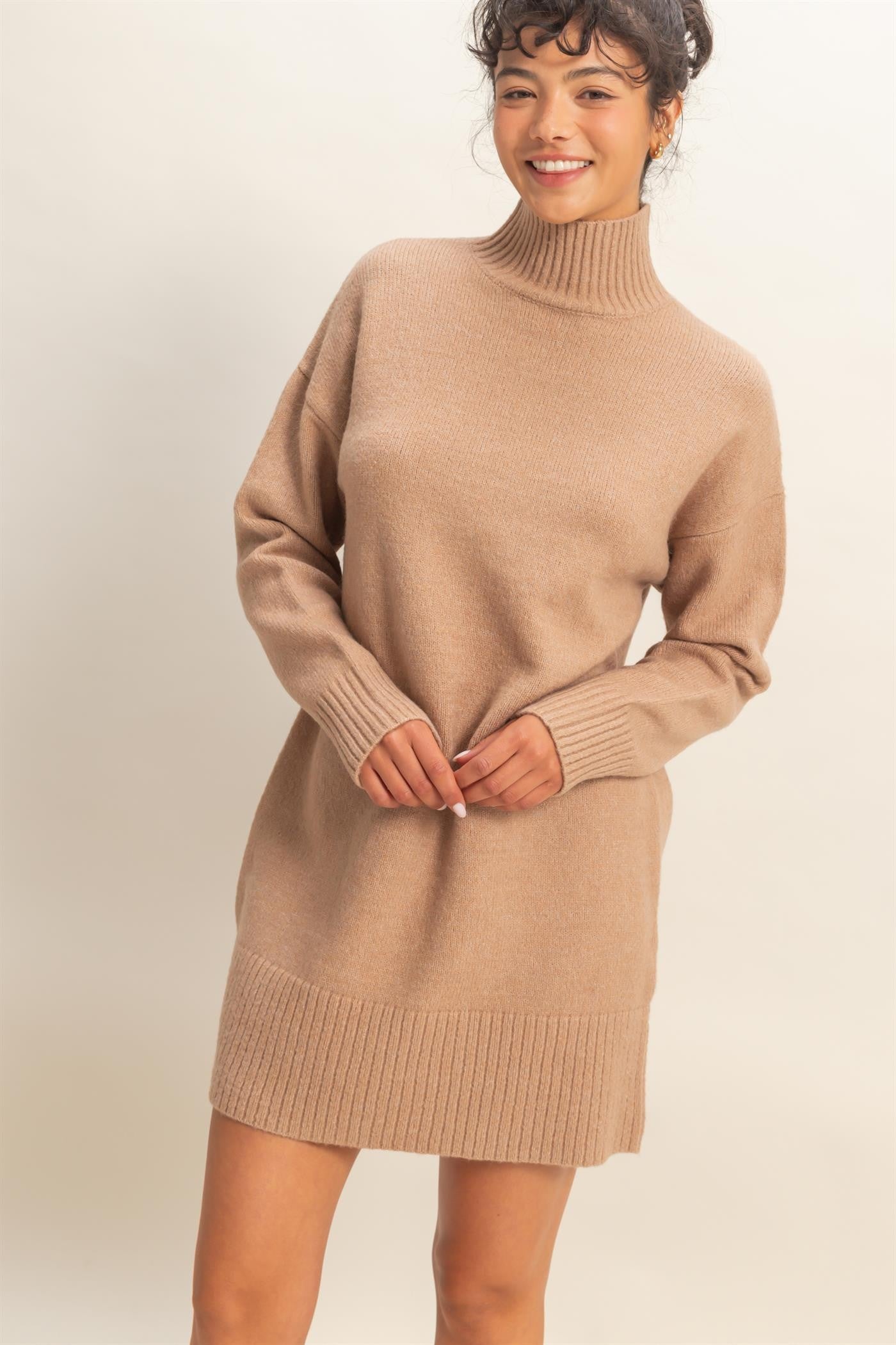 Taupe High Neck Sweater Mini Dress