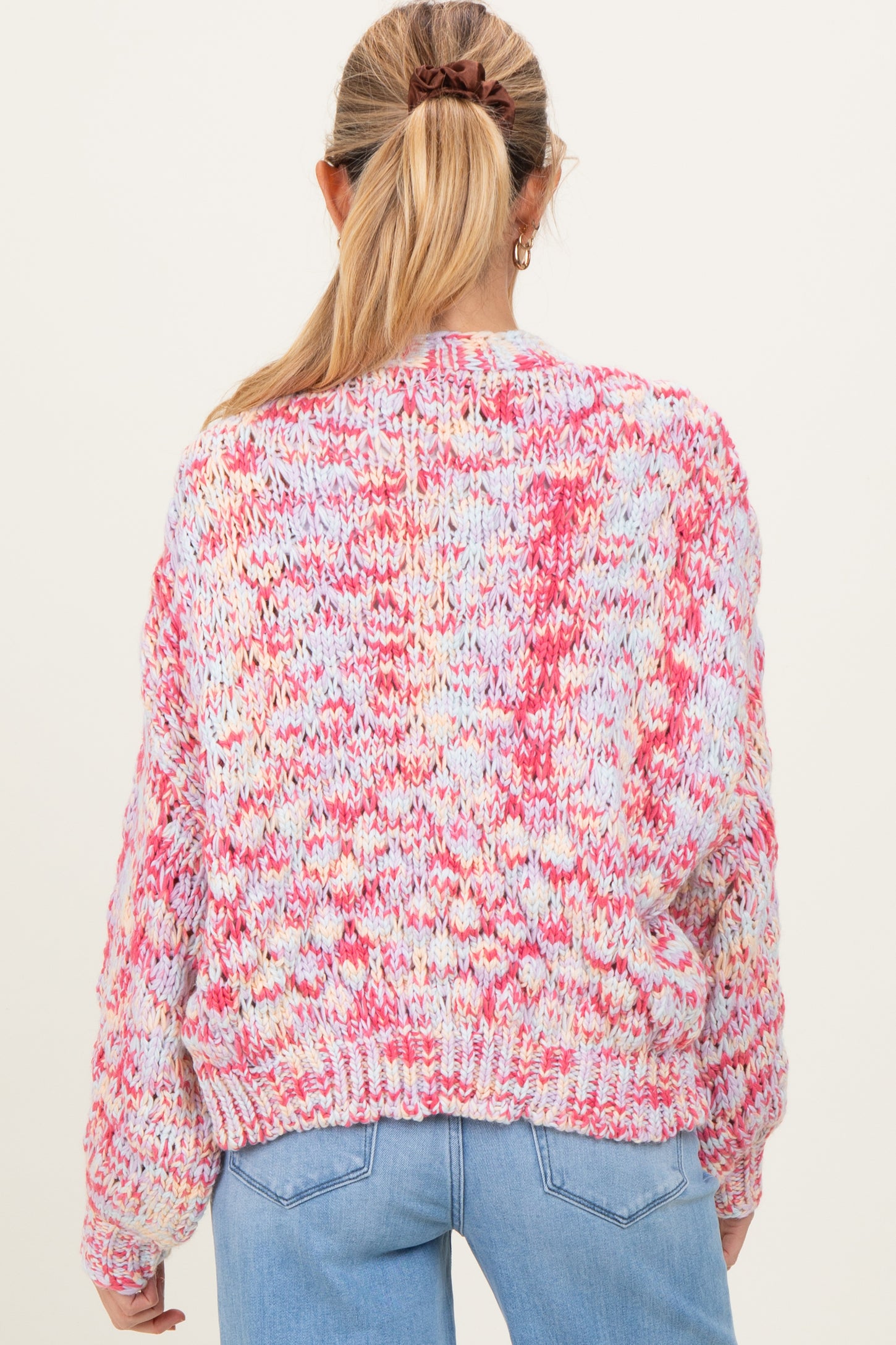 Pink Multicolor Chunky Knit Open Front Maternity Cardigan