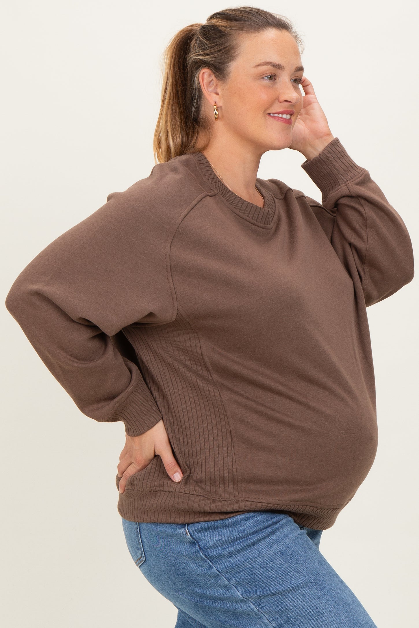 Brown Pullover Terry Maternity Plus Crewneck