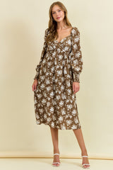 Mocha Floral Crossover Neckline Midi Dress