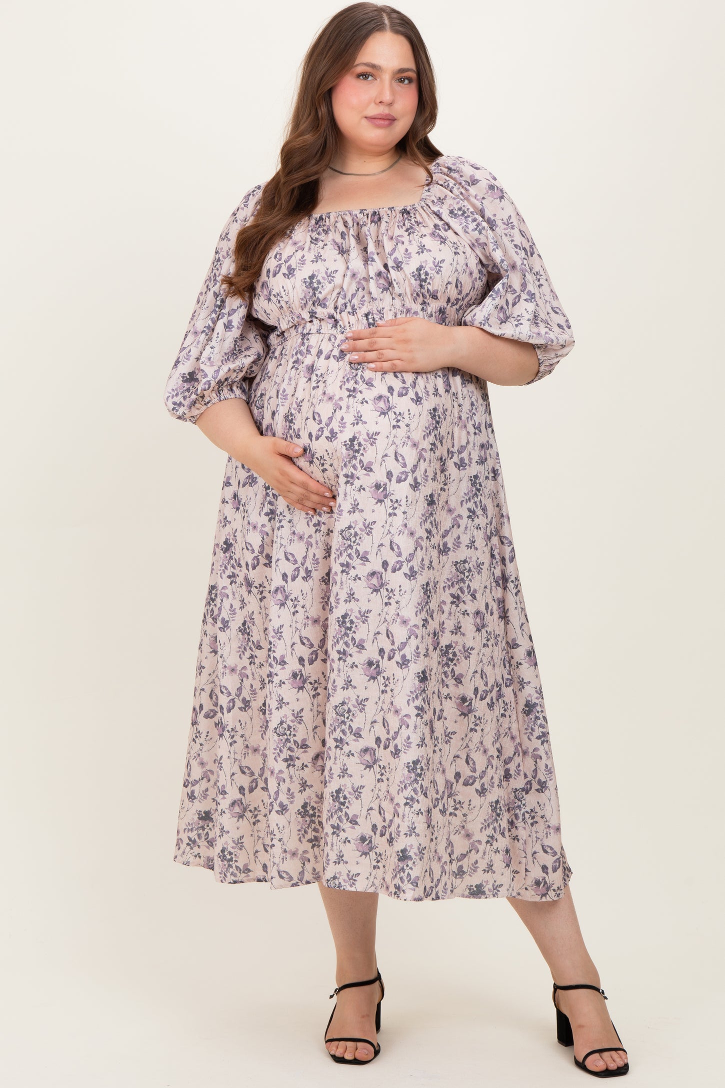 Light Pink Floral Puff Sleeve Smocked Waist Maternity Plus Midi Dress