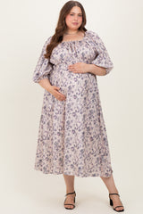 Light Pink Floral Puff Sleeve Smocked Waist Maternity Plus Midi Dress