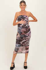 Mauve Floral Mesh Strapless Ruched Maternity Midi Dress
