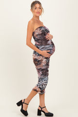 Mauve Floral Mesh Strapless Ruched Maternity Midi Dress