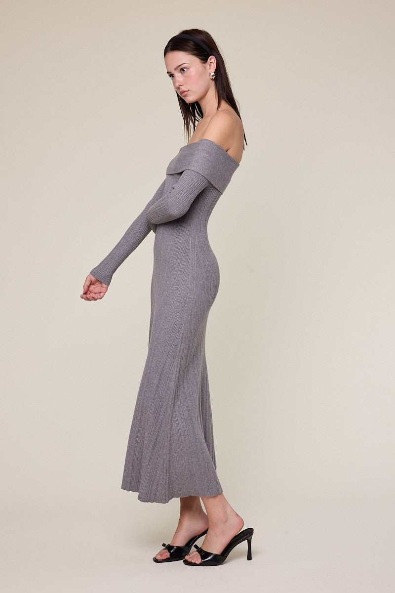 Heather Grey Ribbed Knit Off Shoulder Midi Dress