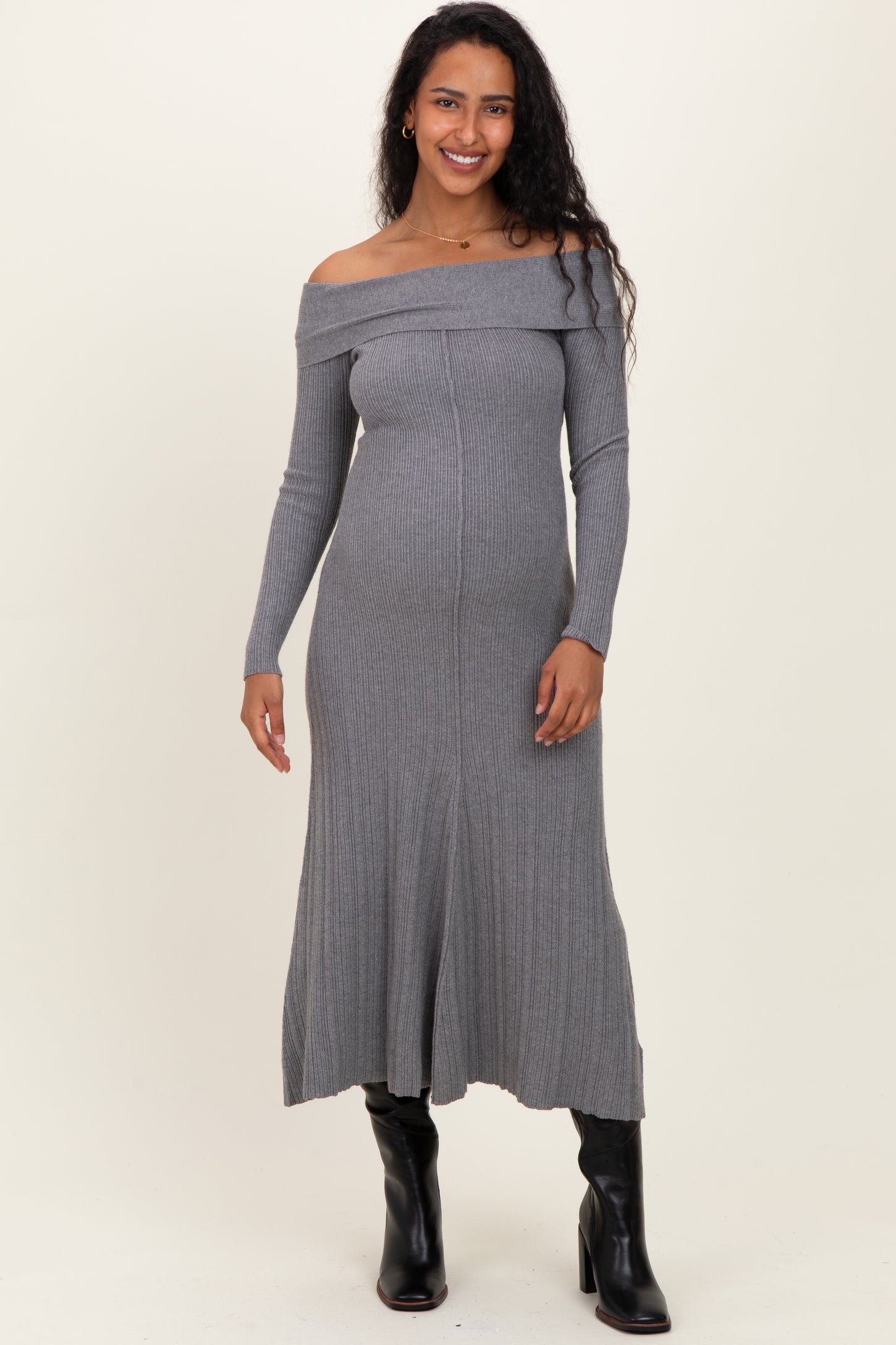 Heather Grey Ribbed Knit Off Shoulder Maternity Midi Dress