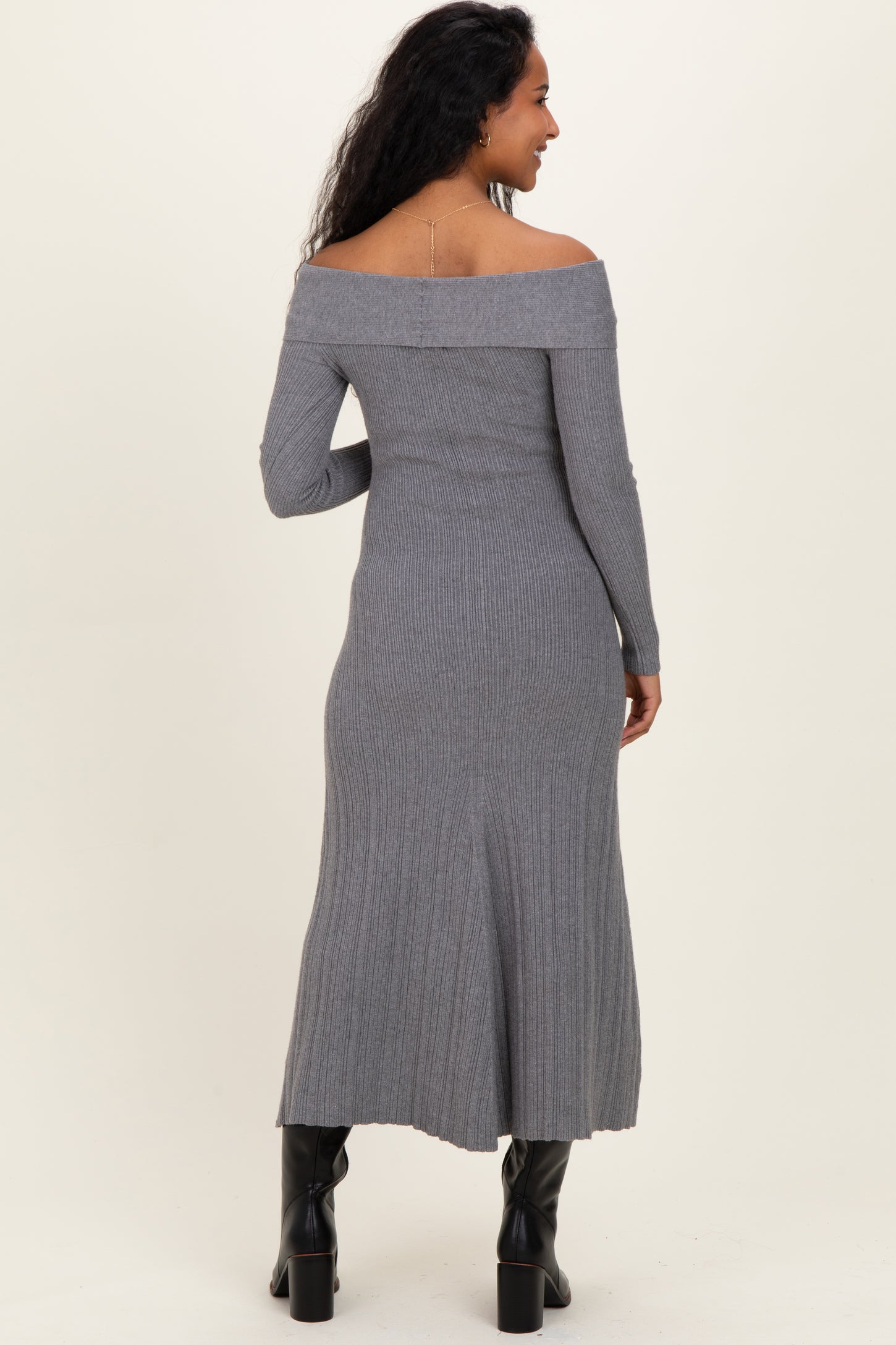 Heather Grey Ribbed Knit Off Shoulder Maternity Midi Dress