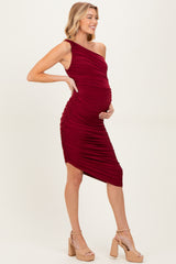 Burgundy One Shoulder Ruched Maternity Midi Dress