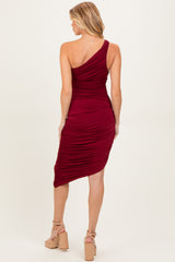 Burgundy One Shoulder Ruched Maternity Midi Dress