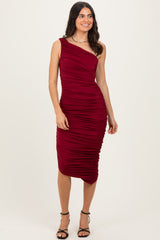 Burgundy One Shoulder Ruched Maternity Midi Dress