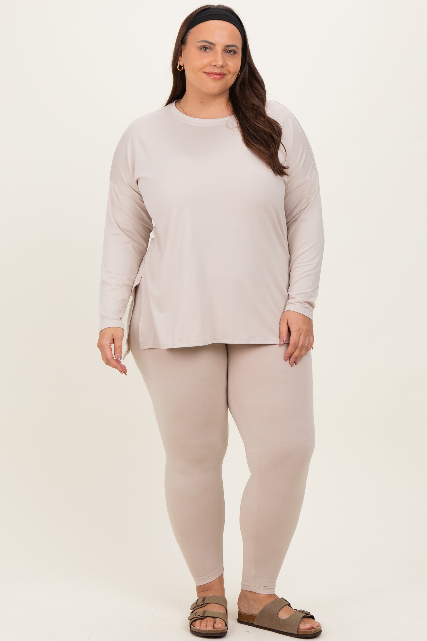 Cream Brushed Knit Oversized Top and Legging Plus Set