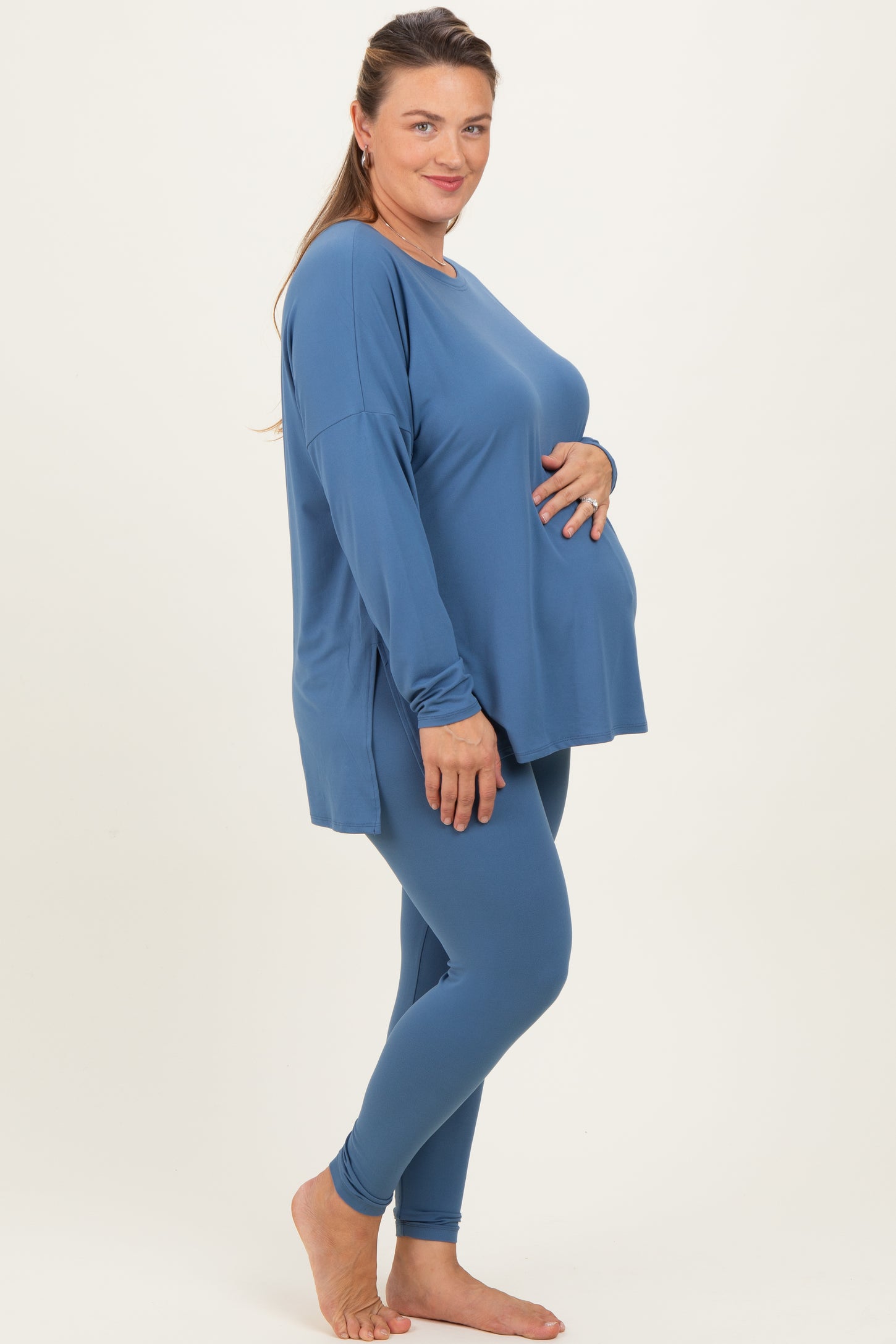 Blue Brushed Knit Oversized Top and Legging Maternity Plus Set