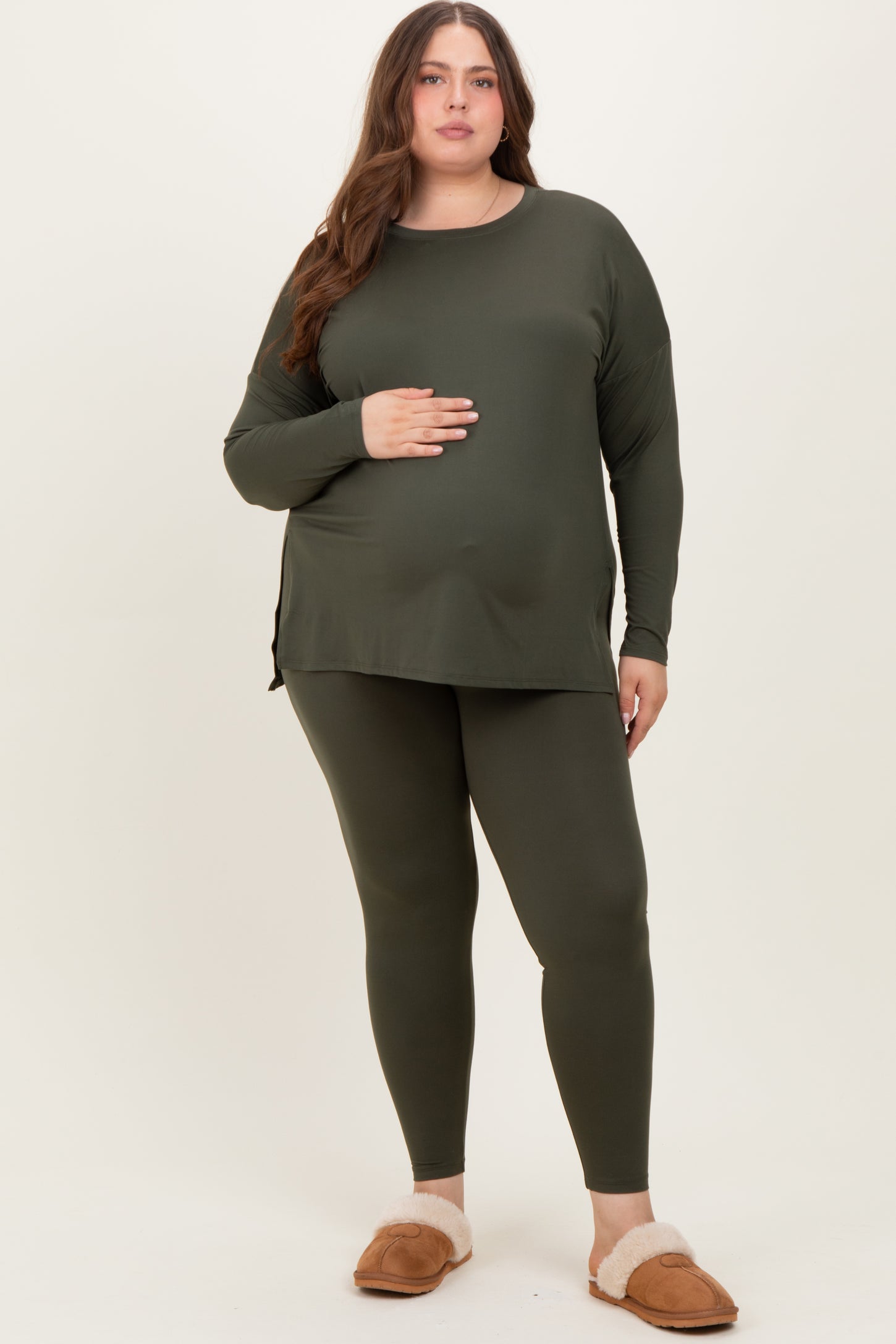 Olive Brushed Knit Oversized Top and Legging Maternity Plus Set