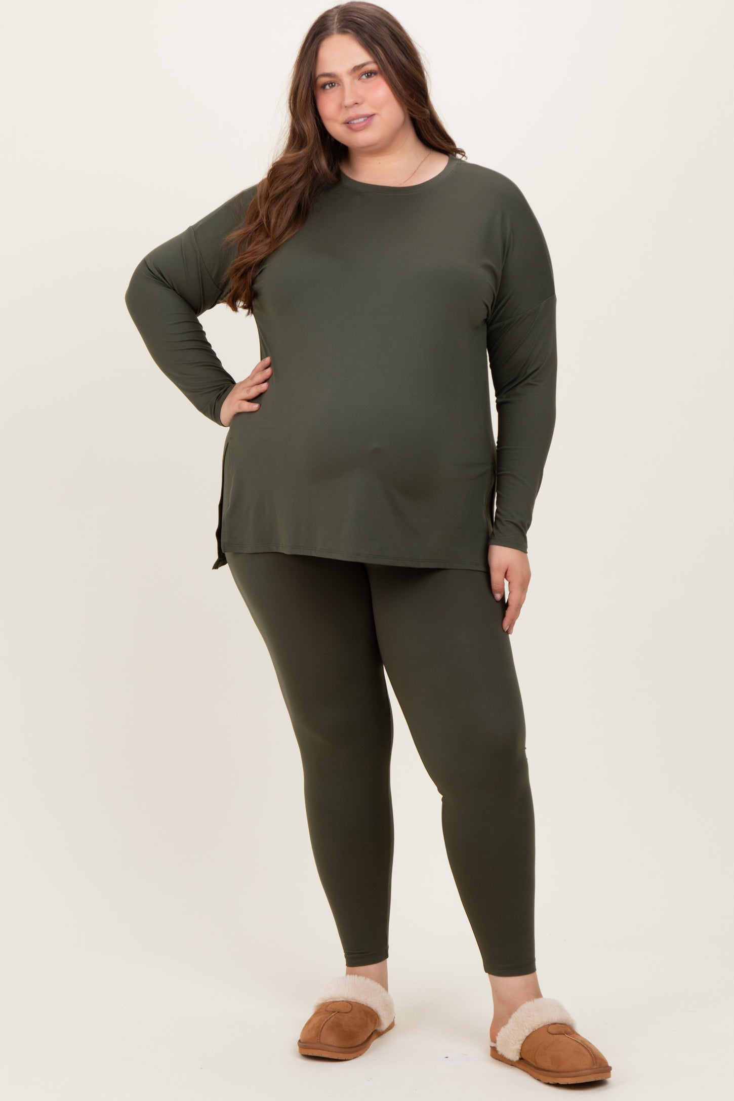 Olive Brushed Knit Oversized Top and Legging Maternity Plus Set