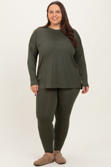 Olive Brushed Knit Oversized Top and Legging Plus Set