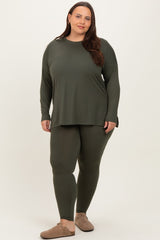 Olive Brushed Knit Oversized Top and Legging Plus Set