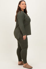 Olive Brushed Knit Oversized Top and Legging Plus Set