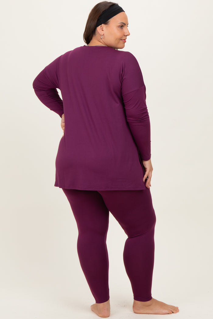 Plum Brushed Knit Oversized Top and Legging Plus Set