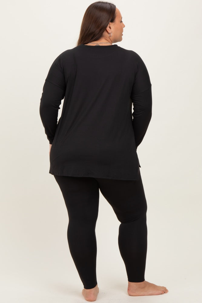 Black Brushed Knit Oversized Top and Legging Plus Set