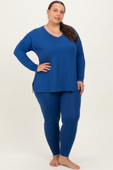 Navy Brushed Knit Oversized Top and Legging Plus Set