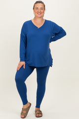 Navy Brushed Knit Oversized Top and Legging Maternity Plus Set