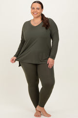 Olive Brushed Knit Oversized Top and Legging Plus Set