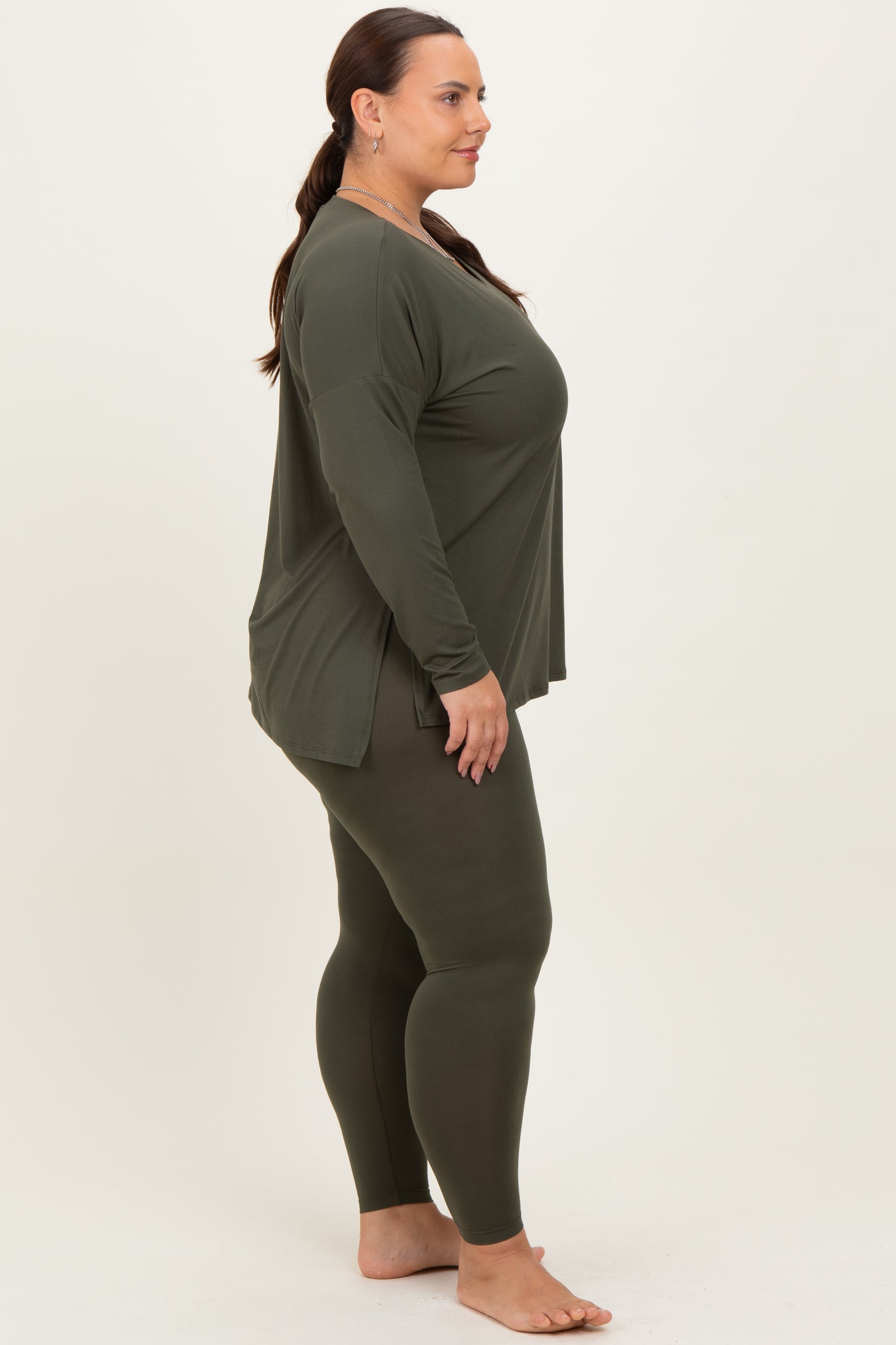 Olive Brushed Knit Oversized Top and Legging Plus Set