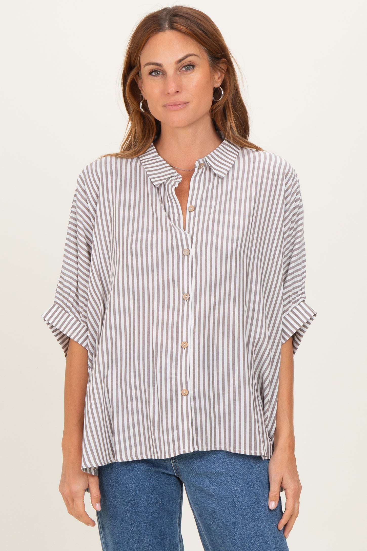 Brown Striped Button Up Dolman Maternity Top